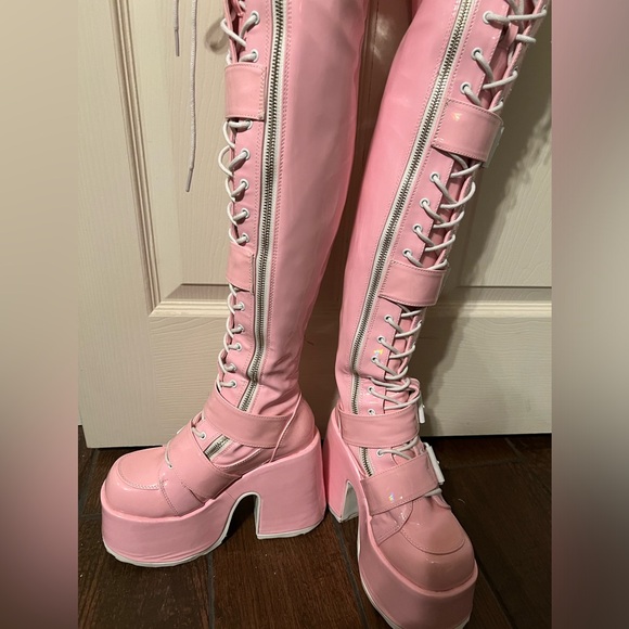 Demonia camel-305 baby pink stretch hologram over the knee boots - Picture 2 of 7
